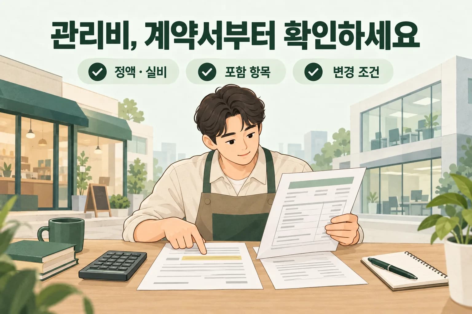 관리비 계약서에서 정액·실비, 포함 항목과 변경 조건을 확인하는 삽화