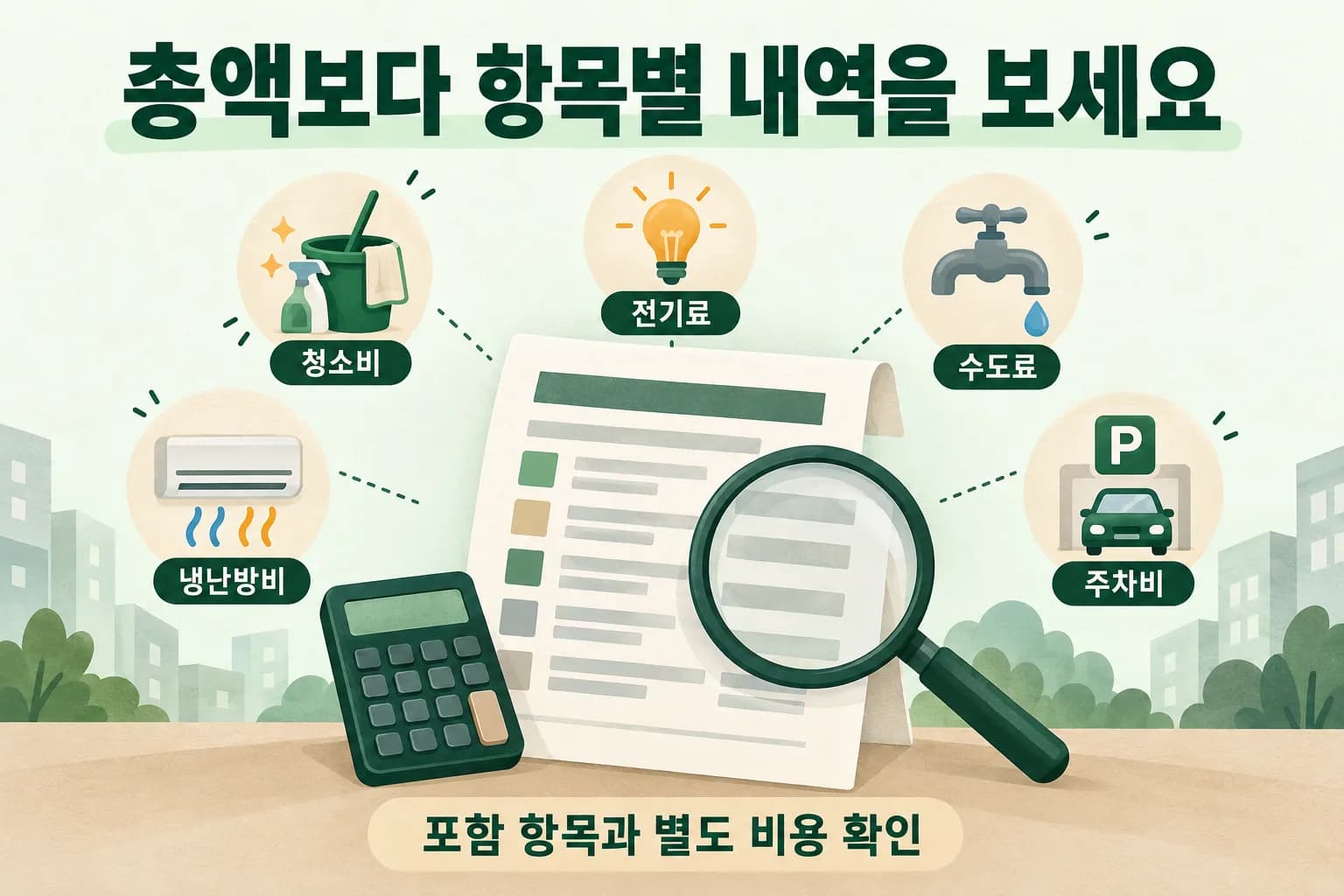 청소비·전기료·수도료·냉난방비·주차비의 포함 여부를 비교하는 삽화