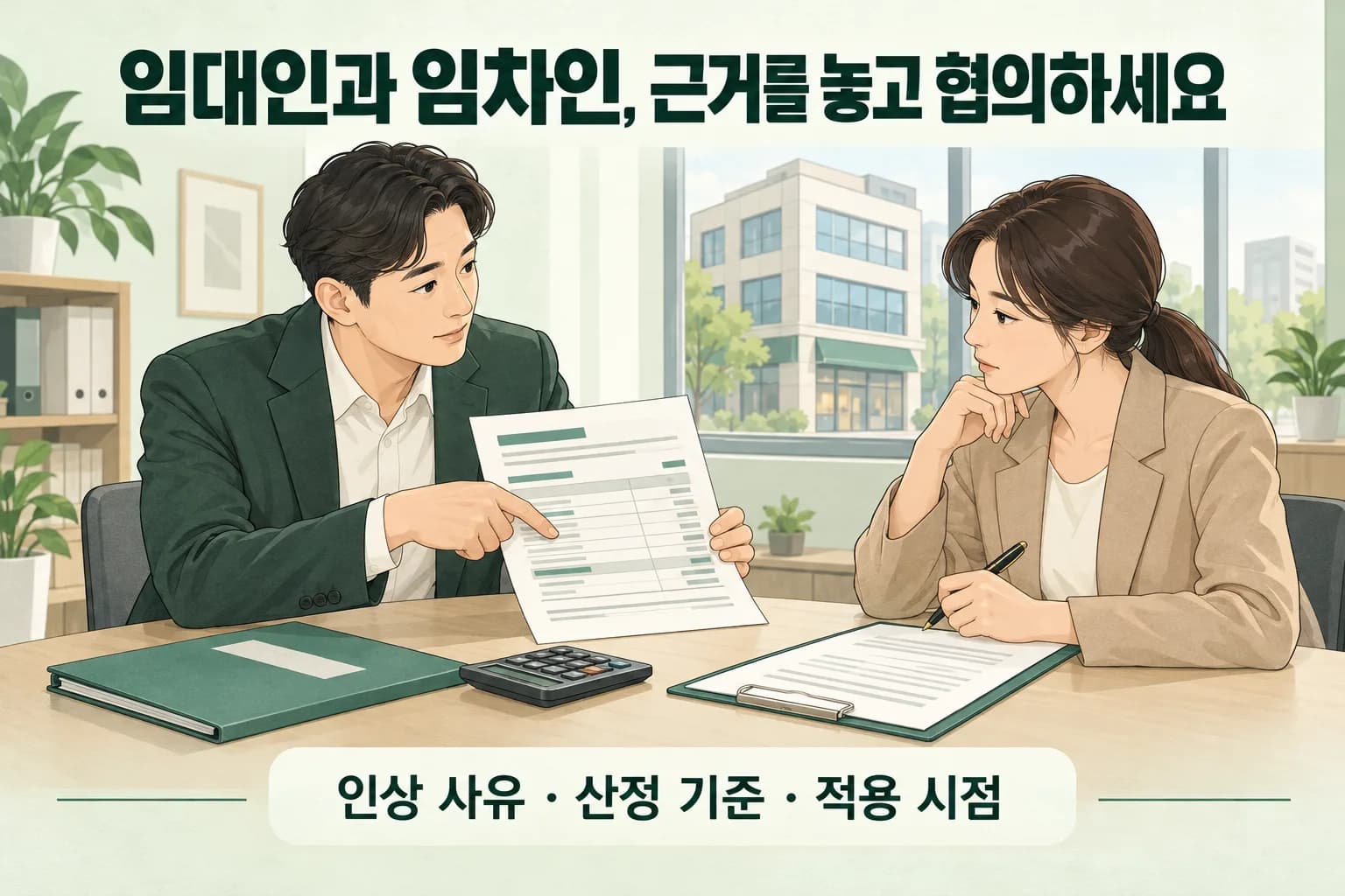 임대인과 임차인이 관리비 인상 사유·산정 기준·적용 시점을 협의하는 삽화