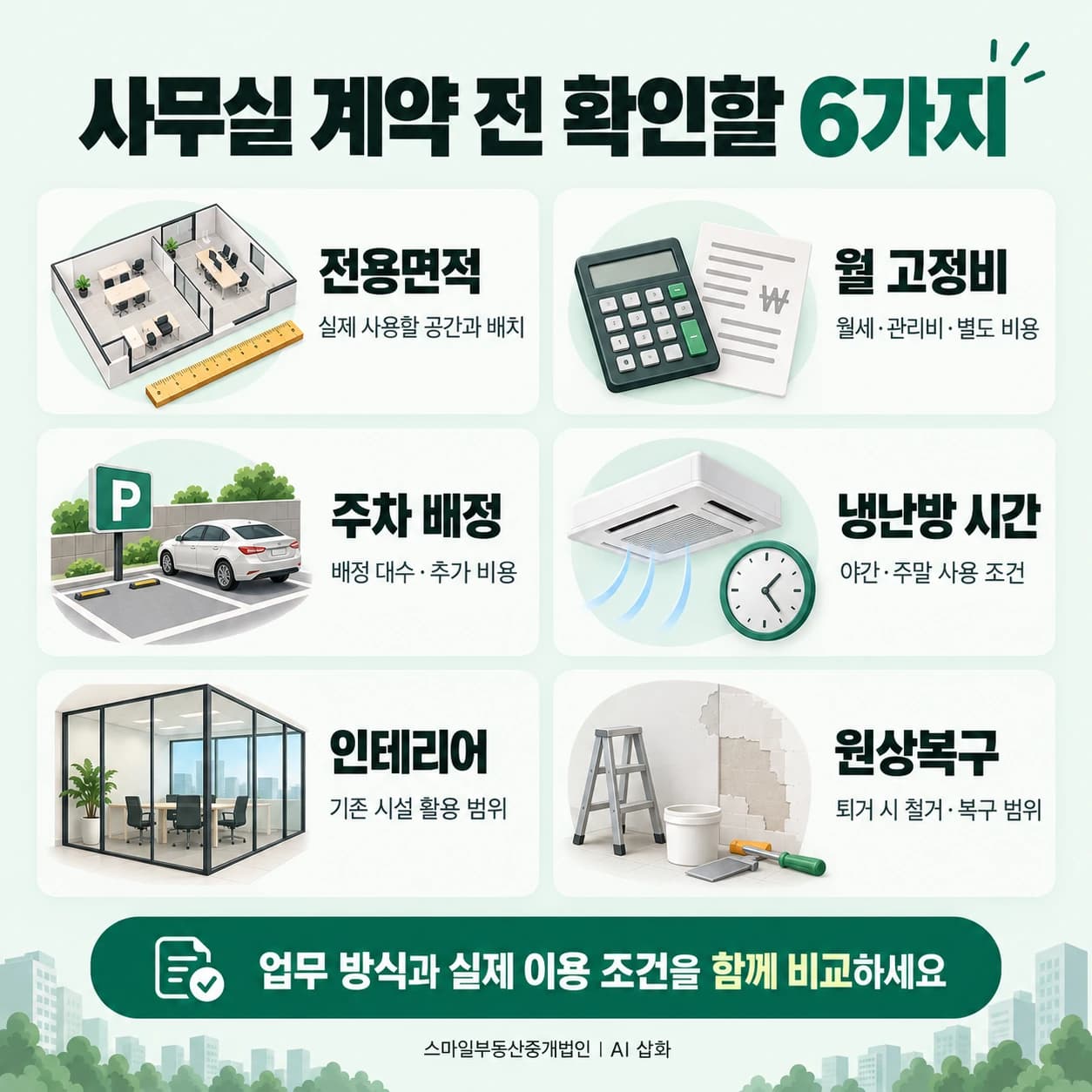 사무실 계약 전 전용면적, 월 고정비, 주차, 냉난방, 인테리어, 원상복구 비교 체크리스트