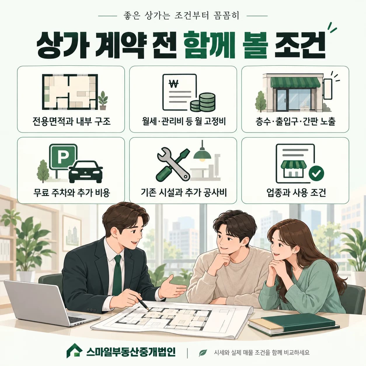 상가 계약 전 전용면적, 월 고정비, 층수와 간판 노출, 주차, 시설, 업종 조건 확인 체크리스트